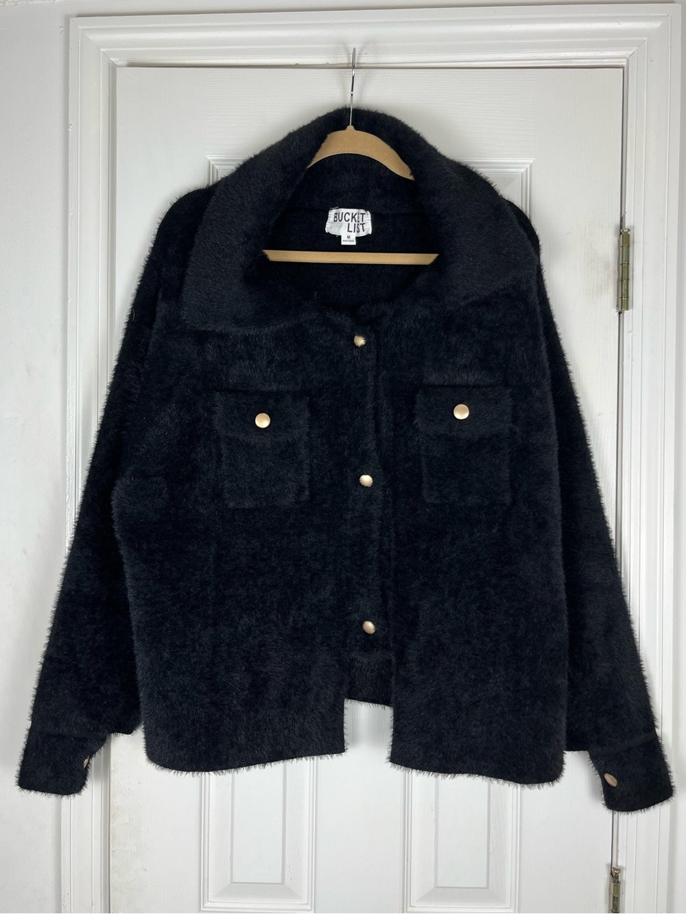 Bucket List Black Fuzzy Plush Soft Snap Front Coat Jacket Sz M